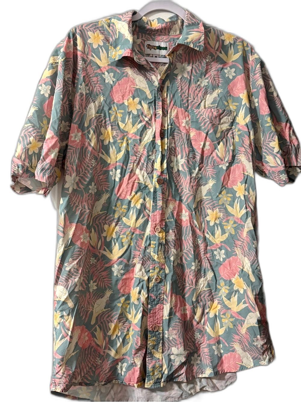 Tipsy Elves XXL Tropical Hawaiian Button Up Shirt Cockatoo Floral Beach Vacation